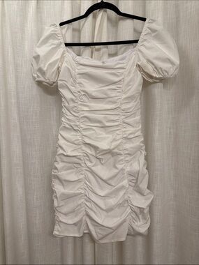 superdown White Ruched Puff-Sleeve Mini Dress